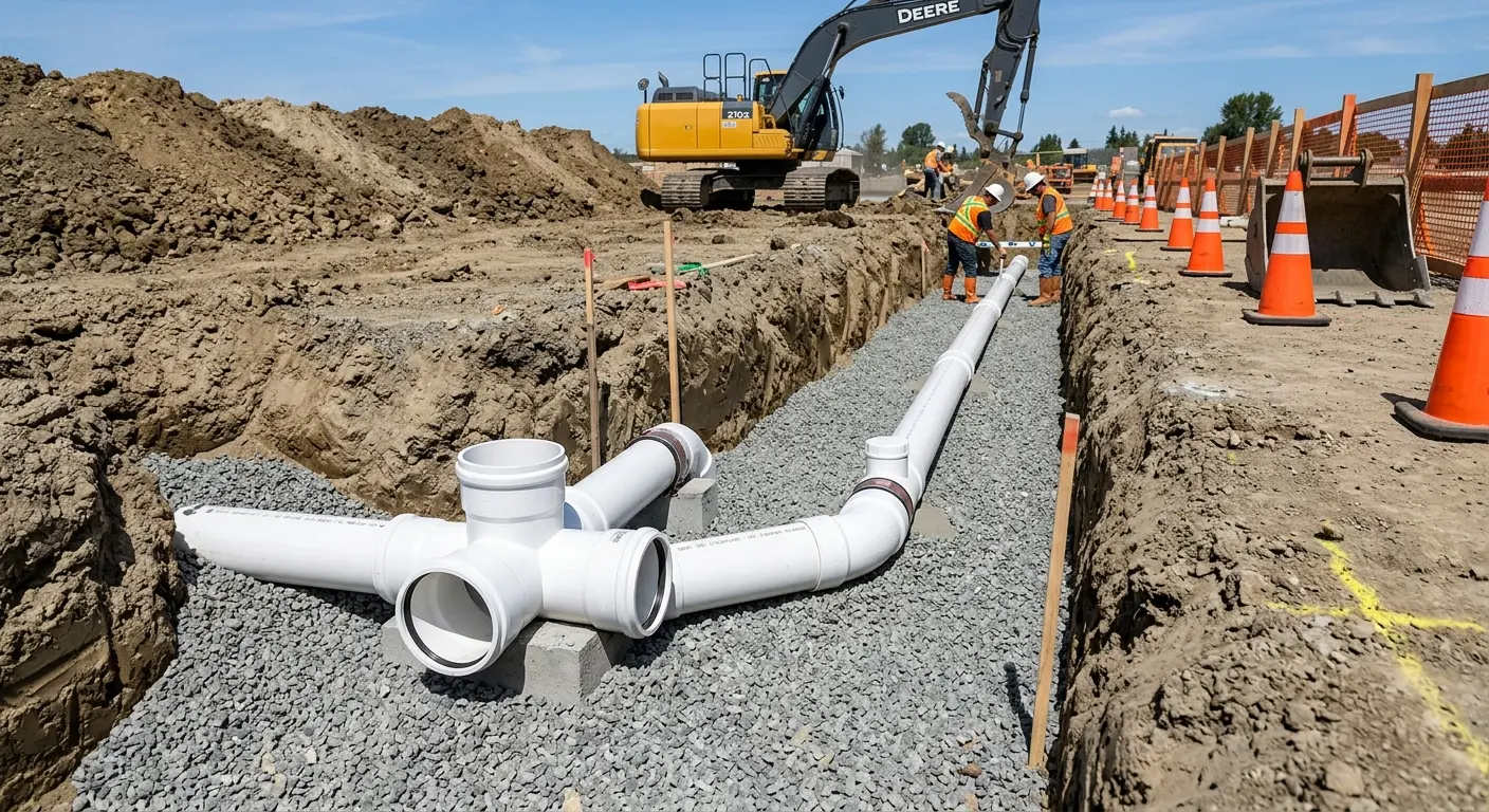 New PVC sewer pipe installation in open trench for Sewer Backup in Temple City