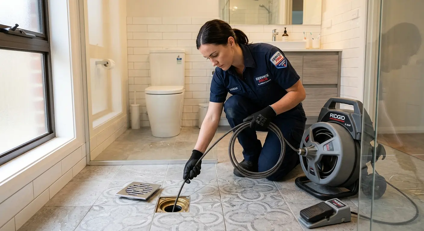Technician clearing a bathroom floor drain for Drain Cleaning in Temple City